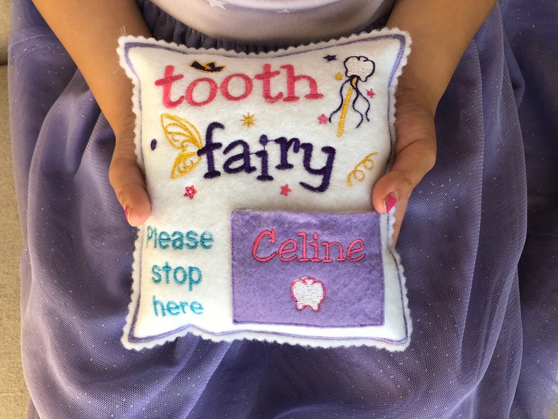 Personalized Tooth fairy pillow boy with tooth chart, custom tooth holder with pocket, stocking stuffer and birthday gift for kids Lavender pocket