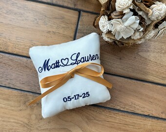 Embroidered  Ring Bearer Pillow in Cream Satin, Custom Personalized Square Wedding Ring Pillow, 5x5 Inches Ring Holder with Ring Ribbon Ties