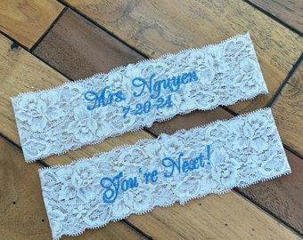 Custom Gift for Brides, Embroidered Wedding Garter for Bride, Personalized Mrs and Toss Garter Set in White Lace, Petite to Plus Sizes