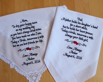 Set of 2 Wedding Hankies Father & Mother of the Bride handkerchiefS.  Wedding gift. parents gift, custom message LS0MS1F23SV114