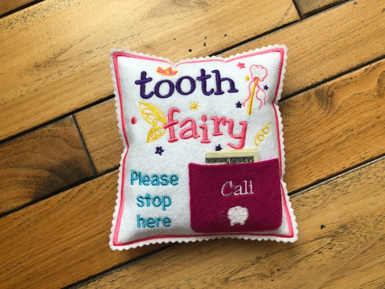 Personalized Tooth fairy pillow boy with tooth chart, custom tooth holder with pocket, stocking stuffer and birthday gift for kids Dark pink pocket