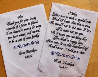 Parents of the Groom gift from the Bride, Embroidered White Lace Wedding Handkerchief future in-laws, Personalized Gifts, Men Hankerchief