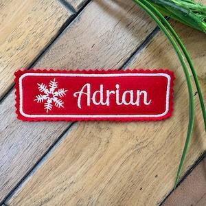 Christmas Stocking Name Patch 5&quot;x1.5&quot;, Iron-On or Plain Back for Sewing/Gluing, Personalized Patch with Embroidered Name & Snowflake