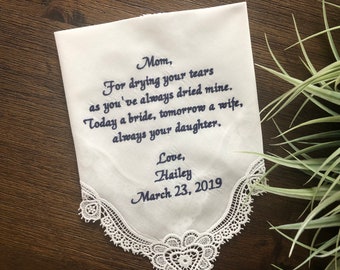 Mother of the Bride Handkerchief from the Bride, EMBROIDERED Wedding Hankies,Mother of the Bride Gift, mom wedding gift