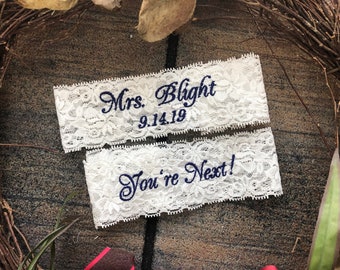 Wedding Garters, Bride Garters, Custom Mrs Monogrammed Garters, Bride Garter. Bridal Lace, Custom, Plus Size, Petite Size