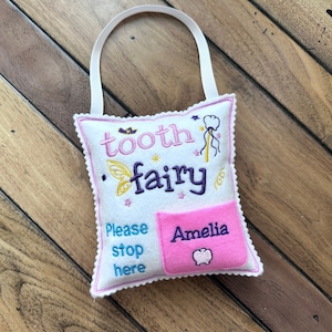 Personalized Tooth fairy pillow with tooth chart and hanging string, custom tooth holder with pocket, Kids stocking stuffer & birthday gift