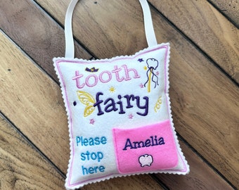 Personalized Tooth fairy pillow with tooth chart and hanging string, custom tooth holder with pocket, Kids stocking stuffer & birthday gift