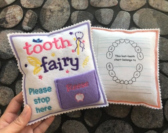 Personalized Tooth fairy pillow with tooth chart, custom tooth holder with pocket, stocking stuffer and birthday gift for kids