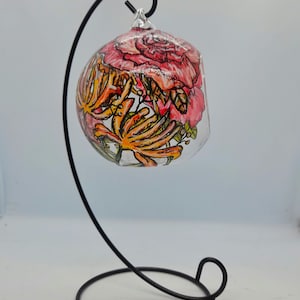 June birth flower hand painted glass hanging tealight holder with stand , roses and honey suckle,birth flower gift, glass art,birthday gift