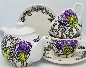 Servizio da tè dipinto a mano con cardi ed erica scozzese, servizio da tè in porcellana, fiori selvatici scozzesi, regalo per gli amanti del tè, servizio da tè dipinto a mano,