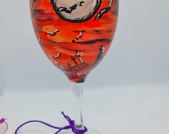 Gothic wine glass, alternative wine glass, wolves, bats, graveyard, gothic decor, Xmas gift, hand painted glass, wine drinkers gift, goth