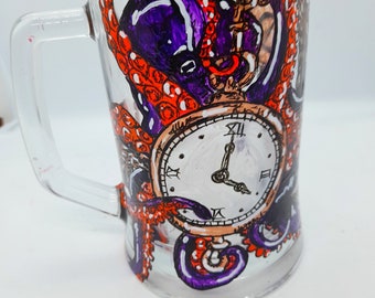 Steampunk octopus with pocket watch glass beer tankard, hand painted glass beer tankard, steampunk decor, steampunk lovers, beer lovers gift