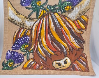 Hairy coo and thistle hand painted jute bag, sustainable,  biodegradable,  waterproof, fairtrade,  hairy coo gift, scottish bag shopping bag