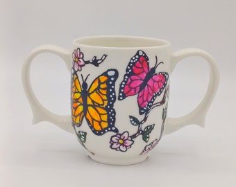 Tazza di dignità con farfalle dipinte a mano, tazza a 2 manici, aiuto per disabili, tazza in ceramica, festa della mamma, regalo di Natale, regalo per lei,