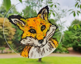 Cute fox hand painted sun catcher,fox gift, fox decor, glass art,window hanging, letterbox gift fox lovers gift, round sun catcher. Gift box