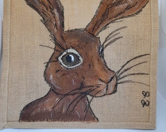 Hare jute bag,  hand painted jute bag, hare gift, hare bag, ecofriendly bag, reusable bag, Market bag, biodegradable bag, Xmas gift