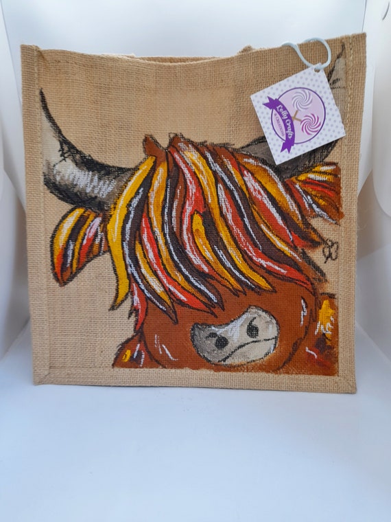 Hand painted jute bag, highland cow bag, hairy coo bag, eco friendly bag, biodegradable, plastic free, waterproof, unique bag, sustainable