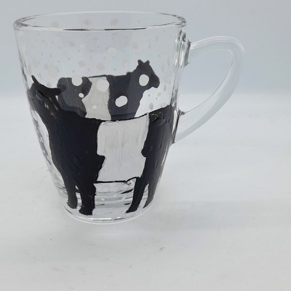 Galloway belted cow Xmas mug, beltie in the snow, pretty cow mug, hand painted glass mug, beltie coo mug, snowy scene mug, Xmas gift,