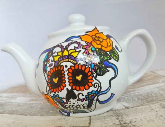 Handpainted teapot/ sugar skull teapot/ tea lovers teapot/ floral teapot/ custom design teapot/ day of the dead/ candy skull teapot