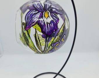 Februari geboortebloem handgeschilderde hangende glazen theelichthouder met standaard, iris en violet, glaskunst, geboortebloemencadeau, kandelaar