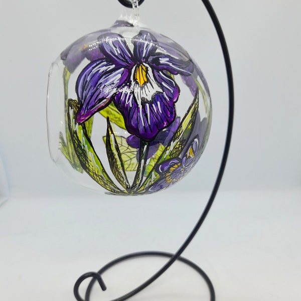 February birth flower hand painted hanging glass tealight holder with stand, iris and violet, glass art, birth flower gift,  candle holder