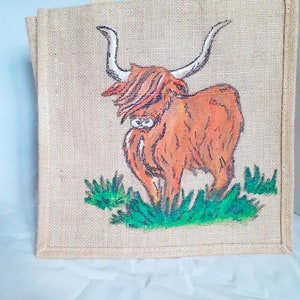 Hand painted hairy coo jute bag, highland cow bag, jute bag, biodegradable bag, eco friendly bag, unique bag, scottish cow bag,