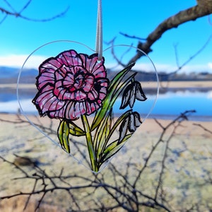 January birth flower sun catcher, carnation and snowdrops hand painted glass, January birthday gift,letterbox gift, keepsake gift gift boxed