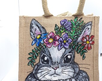 Easter bunny jute bag, eco friendly Easter basket alternative, easter gift, hand painted bag, spring bunny , lunch bag , small jute bag,