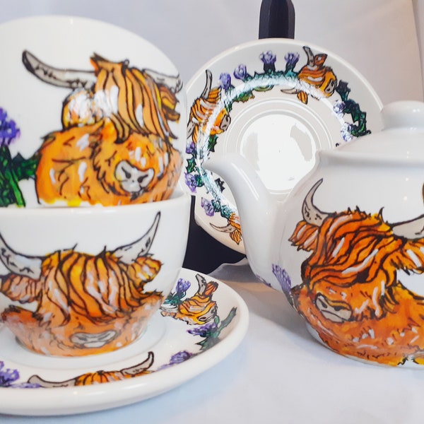 Hand painted highland cow tea set, hairy coo tea set, tea lovers gift, hand painted tea set, unique tea set, porcelain tea set
