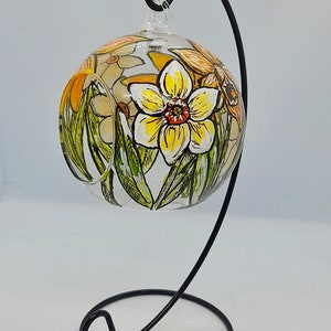 March birth flower hand painted glass hanging tealight holder with stand, daffodils and jonquil,birth flowers, March birthday, glassart