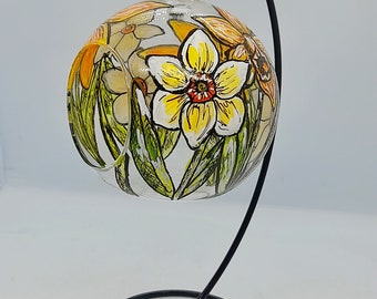 March birth flower hand painted glass hanging tealight holder with stand, daffodils and jonquil,birth flowers, March birthday, glassart