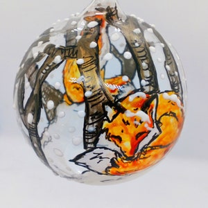 hand painted fox glass tealight holder with stand, hanging tealight holder, xmas gift,xmas decor, fox gift, hand painted glass,candle holder
