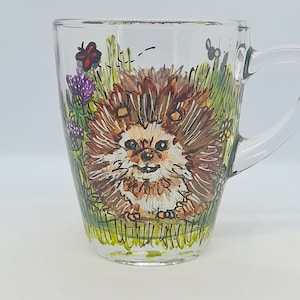 Hand painted hedgehog glass mug, hedgehog mug, country style mug, mother&#39;s day gift,  gift for her, tea lovers gift,  coffee lovers gift