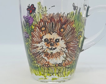 Hand painted hedgehog glass mug, hedgehog mug, country style mug, mother's day gift,  gift for her, tea lovers gift,  coffee lovers gift