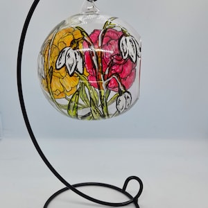 January birth flower hanging tea light holder with stand, carnations and snowdrops,  glass art, birth flower gift, January gift,