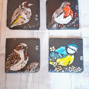 Set of 4 garden bird slate coasters , hand painted coasters , bird watchers gift, twitcher gift, housewarming gift, country decor