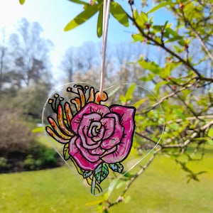 Hand painted glass heart sun catcher, June birth flower sun catcher , rose and honeysuckle art, hand painted glass, june birth flower gift