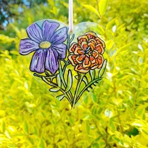 October birth flower suncatcher, marigold and cosmos, October birth flower gift, hand painted glass, sun catcher, window hanging, letterbox