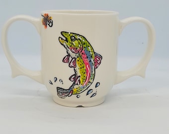 Tazza di dignità della trota iridea, ceramica dipinta a mano, tazza a doppio manico, aiuto per disabili, regalo per lui, regalo per gli amanti della pesca,