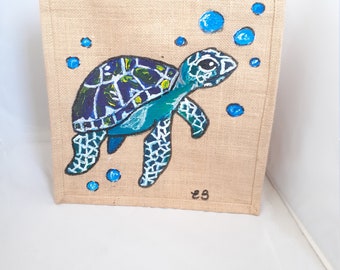 Sea turtle hand painted jute bag, biodegradable bag, eco friendly bag, stylish bag, sea turtle gift, one of a kind bag, unique bag, turtle