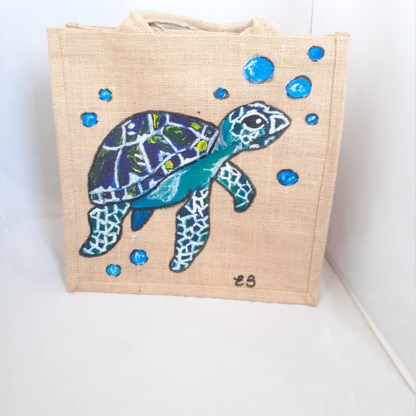 Seeschildkröte handbemalte Jutetasche, biologisch abbaubare Tasche, umweltfreundliche Tasche, stylische Tasche, Meeresschildkröte Geschenk, Unikat Tasche, Schildkröte