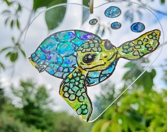Sea turtle suncatcher, hand painted glass, glass art, window hanging, turtle gift, letterbox gift