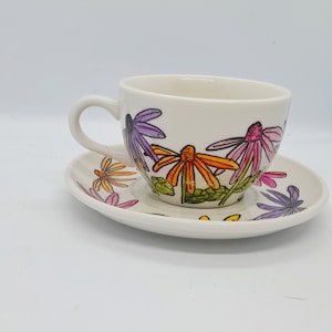 Hand painted multi coloured floral cup and saucer, porcelain cup and saucer, tea cup , cappuccino cup, 7.5oz cup, mothers day gift