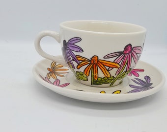 Hand painted multi coloured floral cup and saucer, porcelain cup and saucer, tea cup , cappuccino cup, 7.5oz cup, mothers day gift