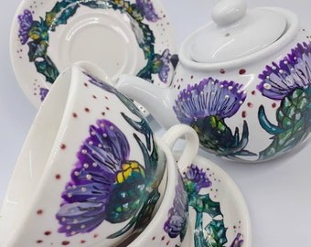 Servizio da tè con cardi dipinti a mano, servizio da tè con fiori di Scozia, servizio da tè con cardi, servizio da tè con fiori selvatici scozzesi, regalo per gli amanti del tè, servizio da tè dipinto a mano