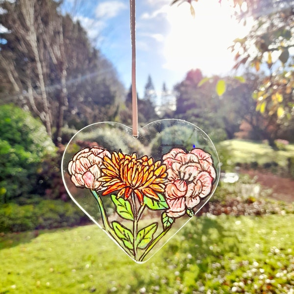 November birth flowers sun catcher, hand painted suncatcher, glass art, chrysanthemum and peony,  letterbox gift, floral gift, gift for her