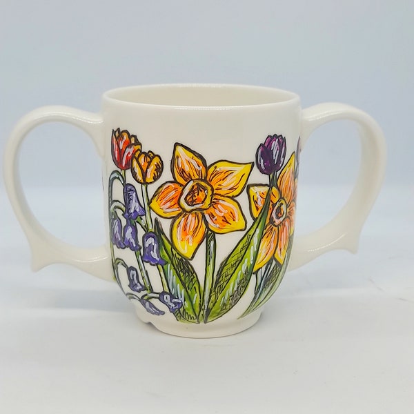 Hand painted dignity mug, spring flowers dignity mug,tulips, daffodils, bluebells, double handled mug,disability mug,