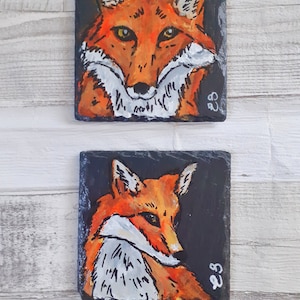 Fox leisteen onderzetters, handgeschilderde onderzetters, handgeschilderde leisteen, 2 pak van fox coasters, fox art, fix liefhebbers, bos decor, leisteen onderzetters