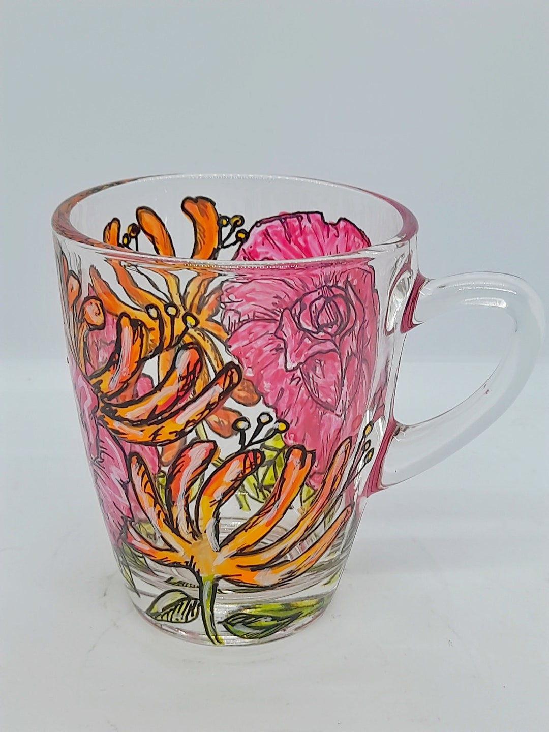 June Birth Flowers Hand Painted Glass Mug, Roses Ad Honeysuckle, June