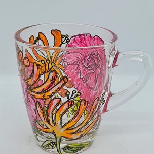 June birth flowers hand painted glass mug, roses ad honeysuckle,  June birthday gift, birth flower gift,gift for her, coffee lover,tea lover